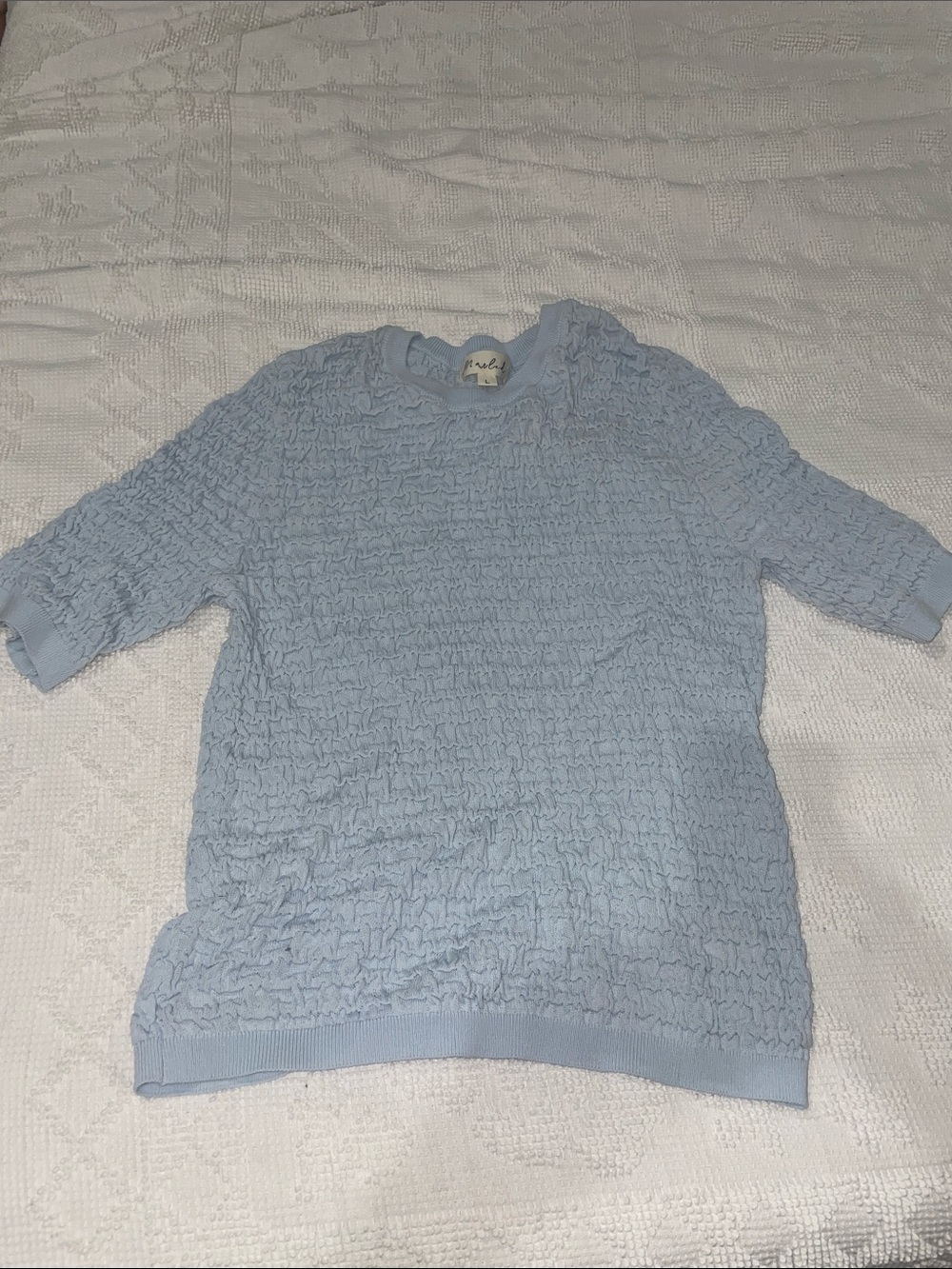 Marled Light Blue Textured Short-Sleeve Crewneck Sweater